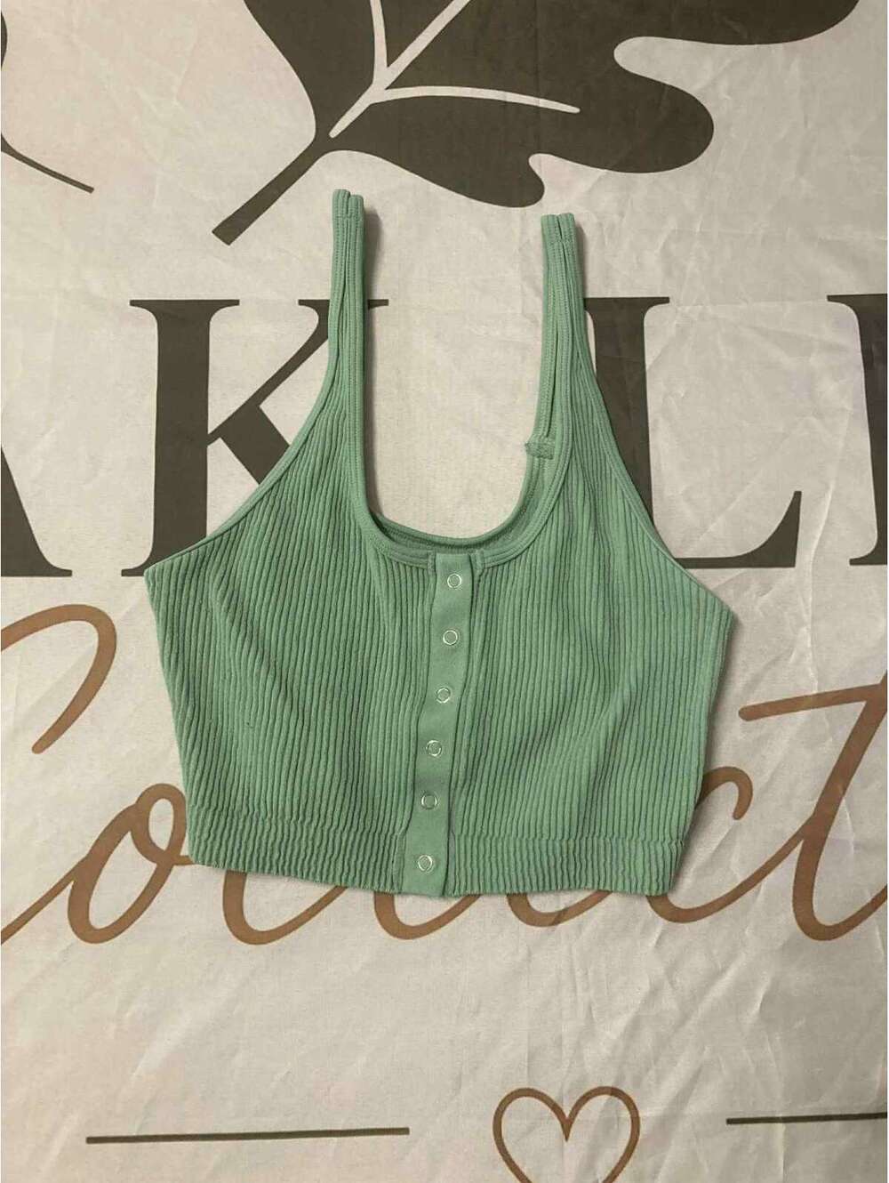 aerie Ribbed Button-Front Crop Top in Light Green, Size Large